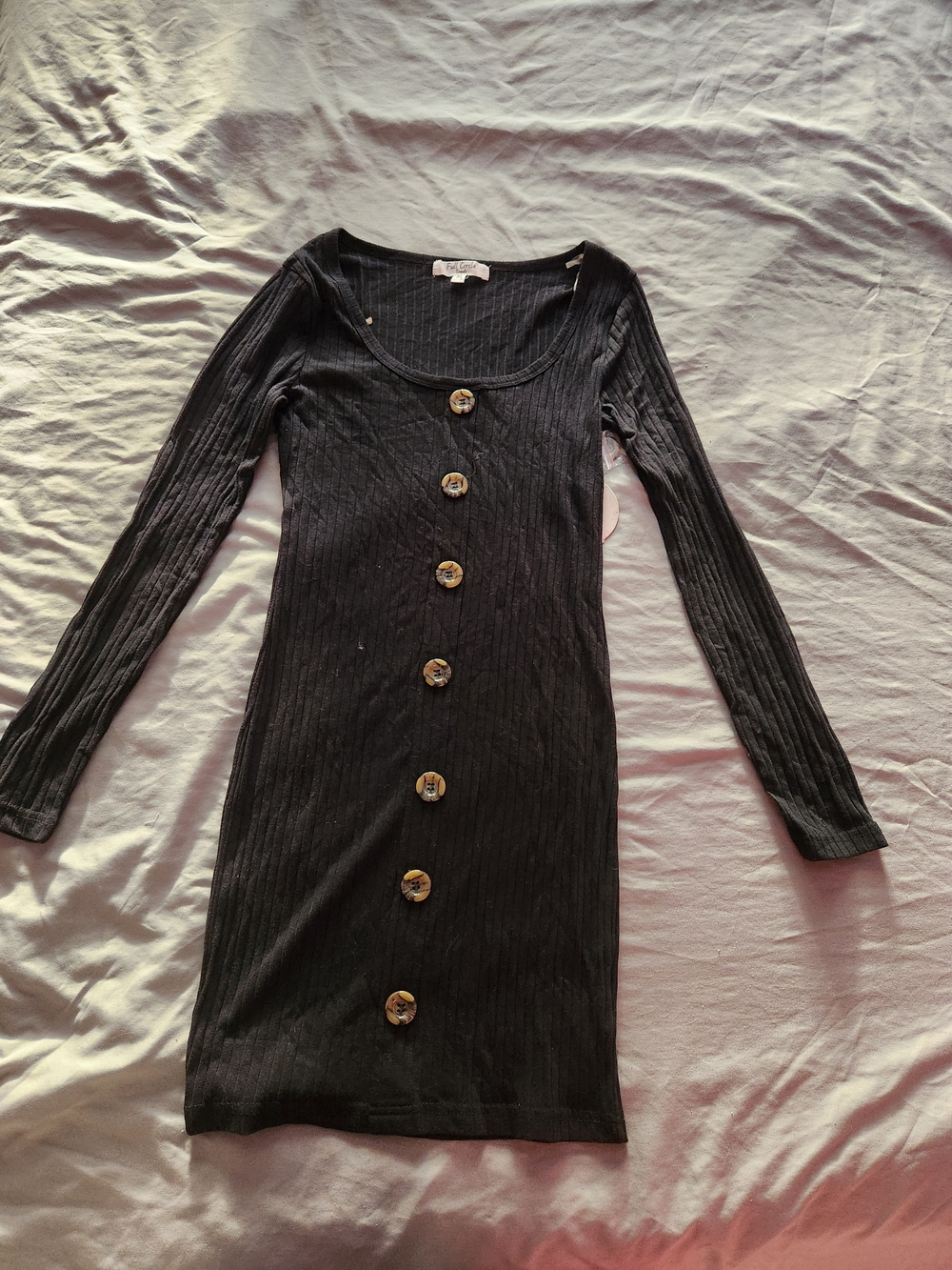 Black Ribbed Long-Sleeve Button-Front Dress